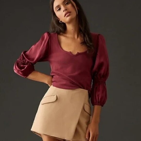 Anthropologie Tops - "NWT"Maeve | Anthropologie Burgundy Tiered Satin Sleeve Ribbed Knit Blouse -Sz.S